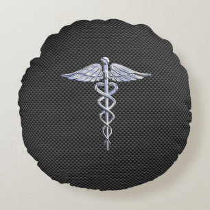 Chrome Caduceus Medical Symbol Black Carbon Fiber Rund Kudde