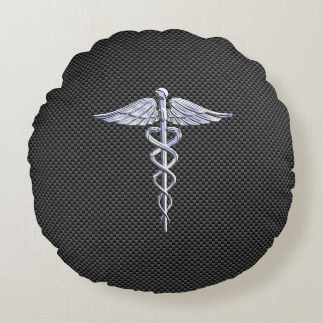 Chrome Caduceus Medical Symbol Black Carbon Fiber Rund Kudde (Framsidan)