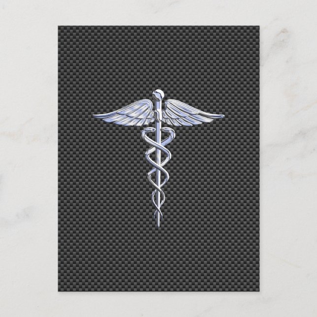 Chrome Caduceus Medical Symbol Black Carbon Fiber Vykort (Framsida)