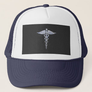 Chrome Caduceus Medical Symbol Carbon Fiber Decor Truckerkeps