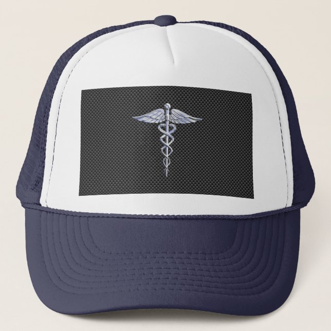 Chrome Caduceus Medical Symbol Carbon Fiber Decor Truckerkeps (Framsida)