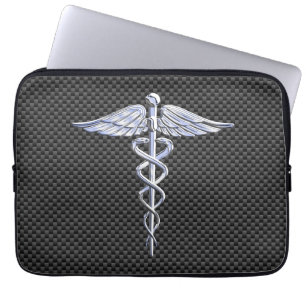 Chrome Caduceus Medical Symbol Carbon Fiber Print Laptop Sleeve