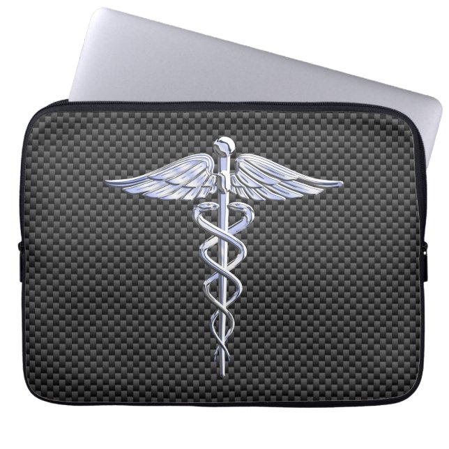 Chrome Caduceus Medical Symbol Carbon Fiber Print Laptop Sleeve (Framsidan)