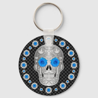 Chrome Calavera (Blå Ros) Nyckelring