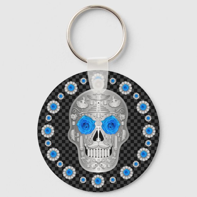 Chrome Calavera (Blå Ros)  Nyckelring (Framsida)