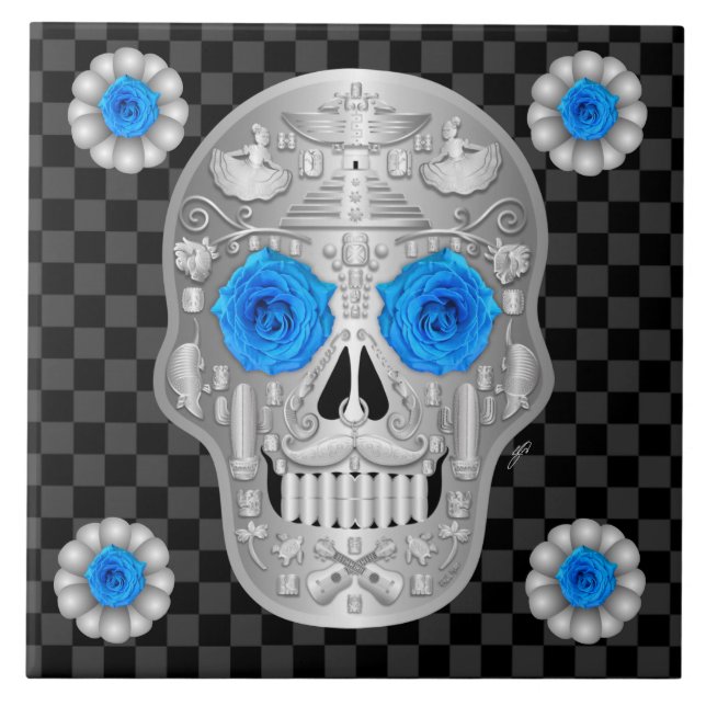 Chrome Calavera (Blue Rose) Drickskål Kakelplatta (Framsidan)
