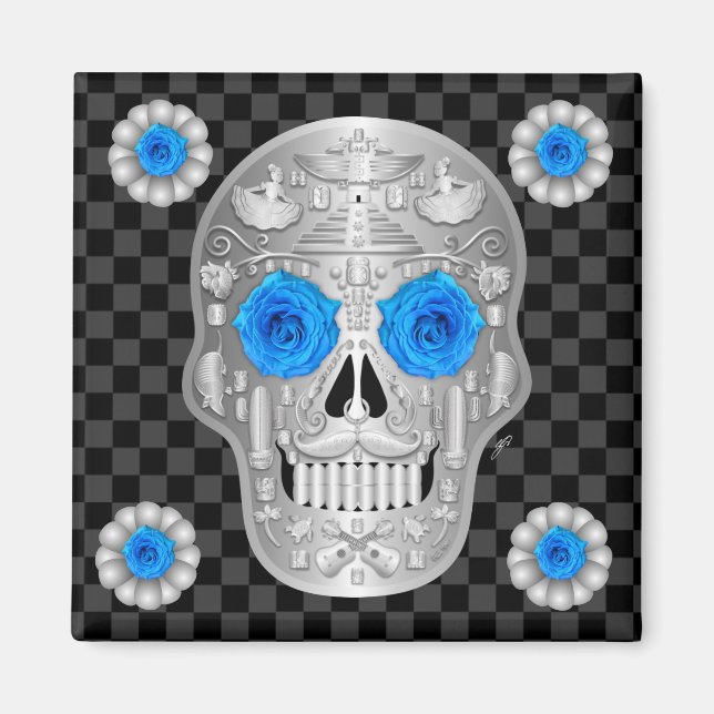 Chrome Calavera (Blue Rose) Drickskål Magnet (Framsidan)