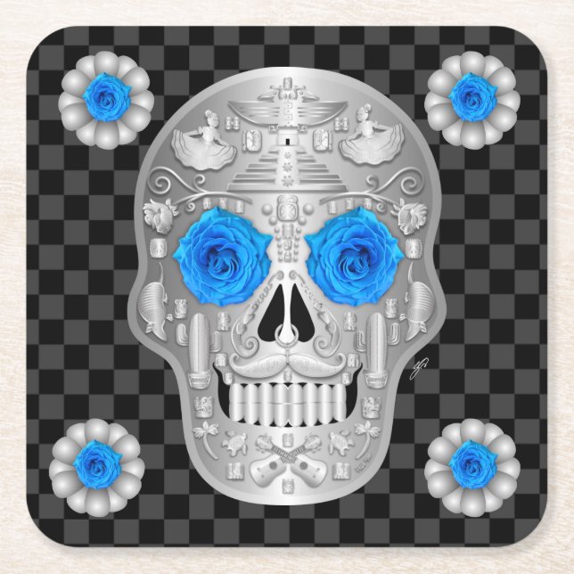 Chrome Calavera (Blue Rose) Drickskål Underlägg Papper Kvadrat (Framsidan)