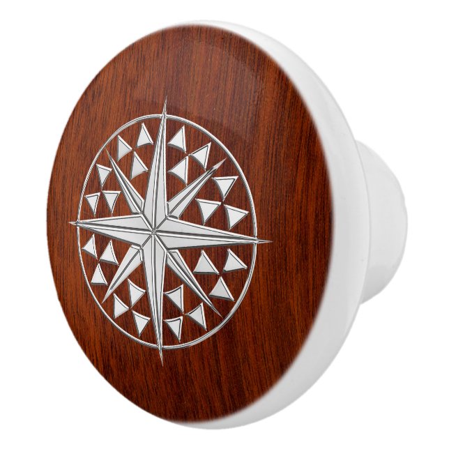 Chrome Compass on Nautical Mahogany Grain Print Knopp (Höger)