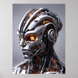 Chrome Cyborg Orange Glow Sci-Fi AI Porträtt Poster