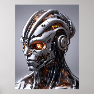 Chrome Cyborg Orange Glow Sci-Fi AI Porträtt Poster