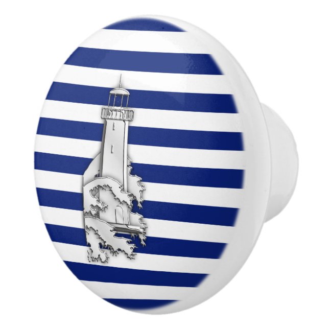 Chrome Lighthouse på Nautical Navy Rand Print Knopp (Höger)