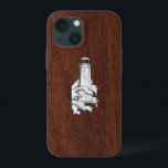 Chrome Lighthouse på våt mahognytryck<br><div class="desc">En modern nautisk silverkromad appliqué-stil på en våt mahogny trädgårdsdekoration för en anpassad telefonfodral som alla på eller utanför båten kommer att njuta av.
Använd länken "Fråga denna designer" för att kontakta oss med dina speciella designförfrågningar eller för hjälp med dina anpassningsprojekt.</div>