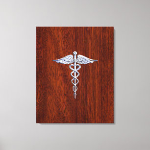 Chrome like Caduceus Medical Symbol Mahogany Brown Canvastryck