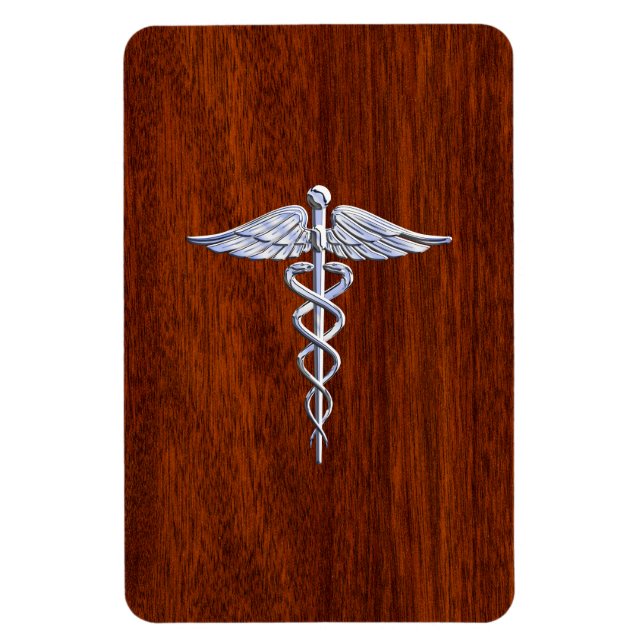 Chrome like Caduceus Medical Symbol Mahogany Brown Magnet (Vertikal)