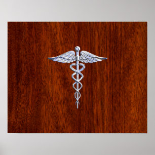 Chrome like Caduceus Medical Symbol Mahogany Brown Poster