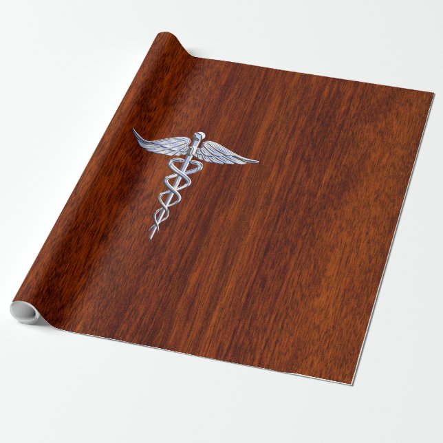 Chrome like Caduceus Medical Symbol Mahogany Brown Presentpapper (Utrullad)