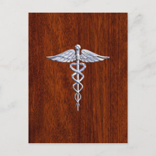 Chrome like Caduceus Medical Symbol Mahogany Brown Vykort