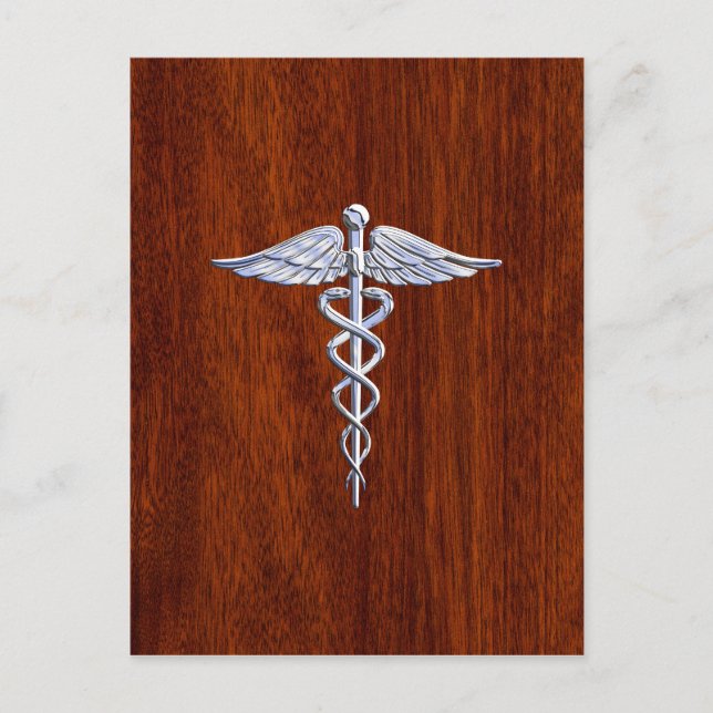 Chrome like Caduceus Medical Symbol Mahogany Brown Vykort (Framsida)