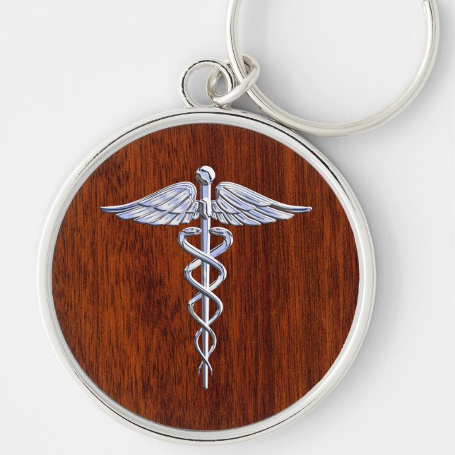 Chrome like Caduceus Medical Symbol Mahogany Decor Rund Silverfärgad Nyckelring (Framsidan)
