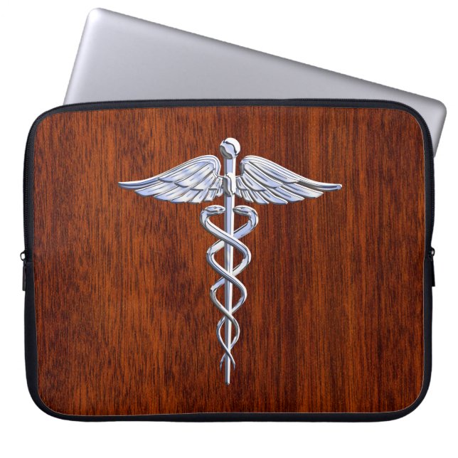 Chrome like Caduceus Medical Symbol Mahogany Print Laptop Fodral (Framsidan)