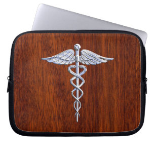 Chrome like Caduceus Medical Symbol Mahogany Print Laptop Sleeve