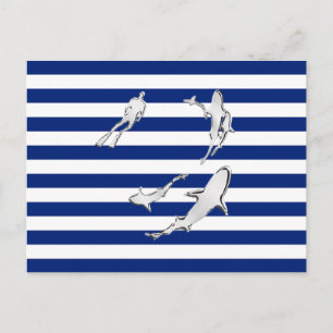 Chrome like Diver and Sharks on Nautical Rand Vykort