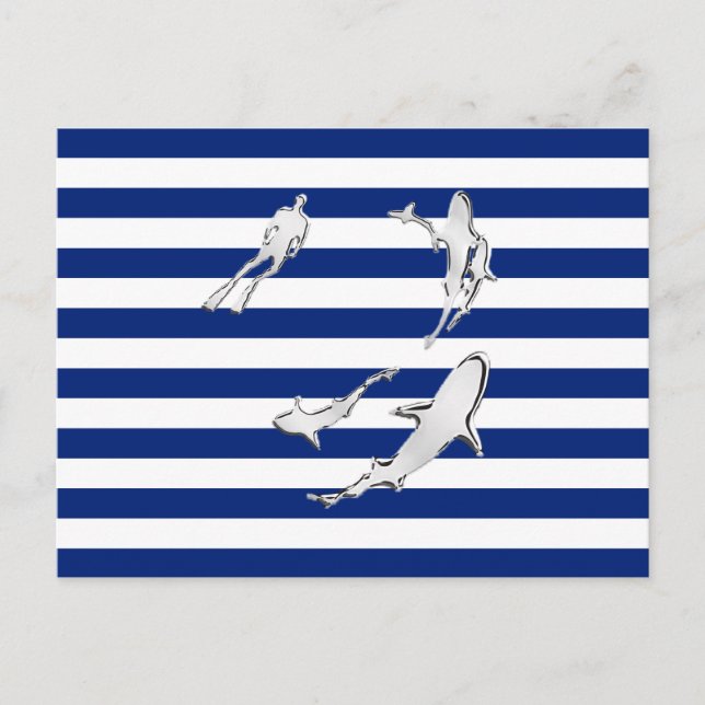 Chrome like Diver and Sharks on Nautical Rand Vykort (Framsida)