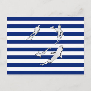 Chrome like Diver and Sharks on Nautical Rand Vykort