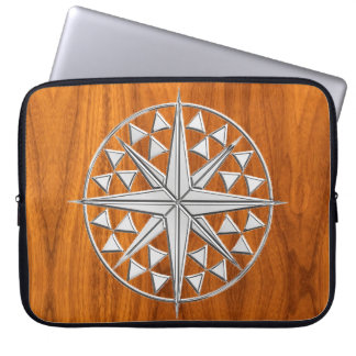 Chrome Like Nautical Compass on Teak Veneer Decor Laptop Fodral
