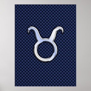 Chrome like Taurus Zodiac Sign Blue Carbon Print Poster
