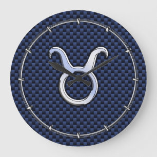 Chrome like Taurus Zodiac Sign Blue Carbon Print Stor Klocka