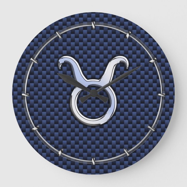 Chrome like Taurus Zodiac Sign Blue Carbon Print Stor Klocka (Framsida)