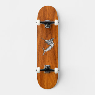 Chrome Marlin på Teak Wood Old School Skateboard Bräda 18 Cm