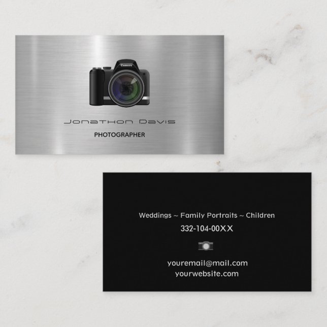 Chrome Metall Design Photography Camera Visitkort (Fram/baksida)