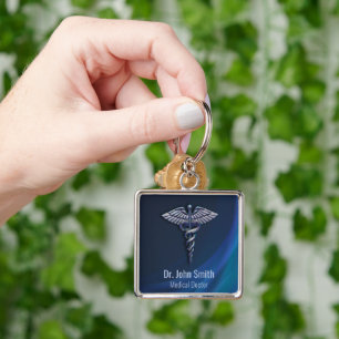 Chrome Mörk HoloGraph 3D Medical Caduceus Fyrkantig Silverfärgad Nyckelring