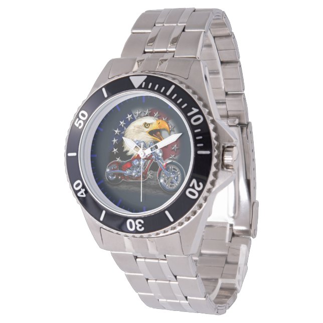 Chrome Motorcycle Chopper Patriotic Eagle USA flag Armbandsur (Vinklad)