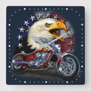 Chrome Motorcycle Chopper Patriotic Eagle USA flag Fyrkantig Klocka