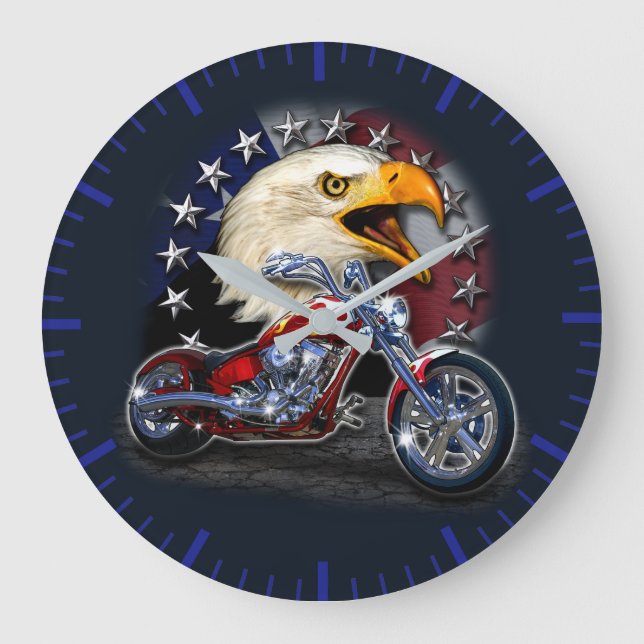 Chrome Motorcycle Chopper Patriotic Eagle USA flag Stor Klocka (Framsida)