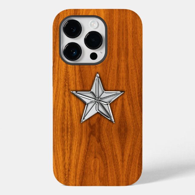 Chrome Nautical Star på Teak Wood Print (Baksida)