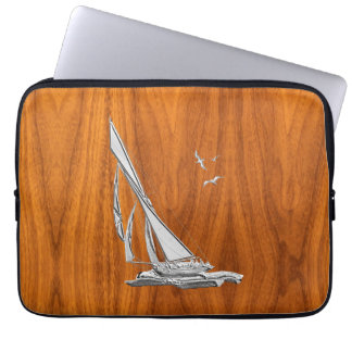 Chrome Regatta Sailboat on Teak Veneer Styles Laptop Fodral