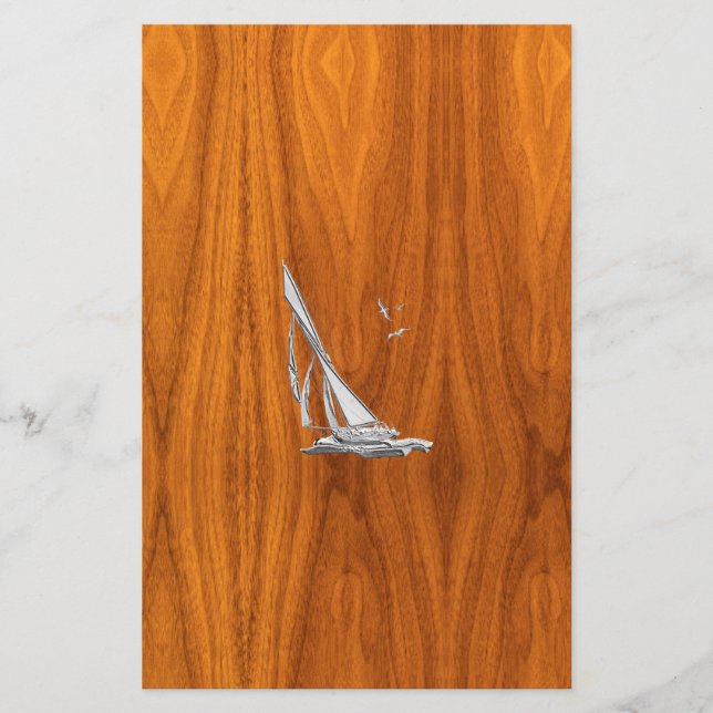 Chrome Regatta Sailboat på Teak Veneer Stilar Brevpapper (Framsida)