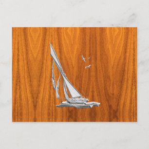 Chrome Regatta Sailboat på Teak Veneer Stilar Vykort