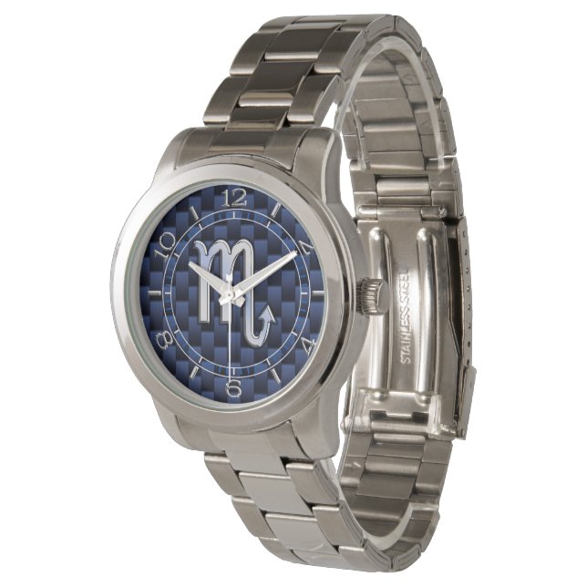 Chrome Scorpio Zodiac-tecken på Blue Carbon Dial Armbandsur (Vinklad)