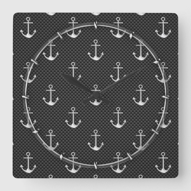 Chrome Silver Anchors on Carbon Fiber Mönster Fyrkantig Klocka (Framsida)
