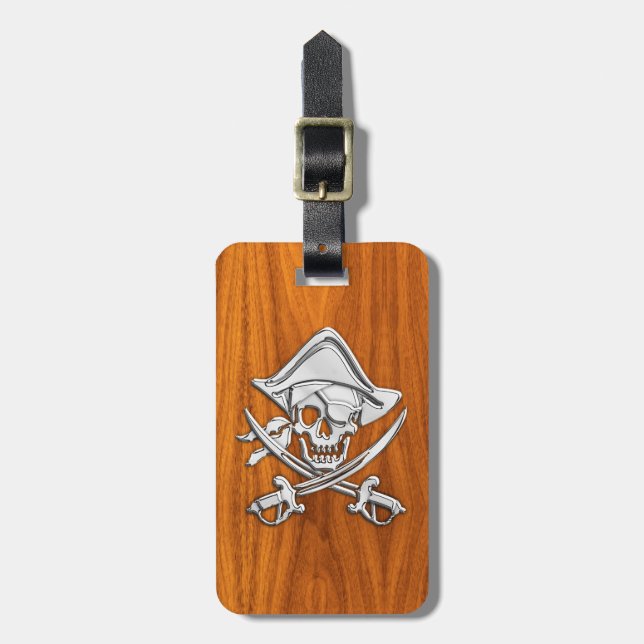 Chrome Silver Pirat på Teak Veneer Decor Bagagebricka (Vertikal Framsida)