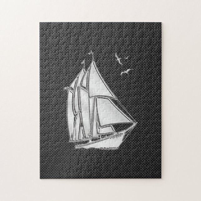 Chrome Silver som segelbåt på kolfiber Pussel (Vertikal)