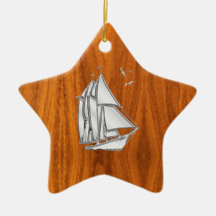 Chrome Silver som segelbåt på Teak Veneer Julgransprydnad Keramik