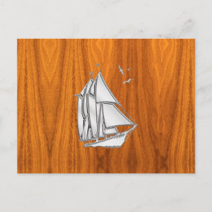 Chrome Silver som segelbåt på Teak Veneer Vykort