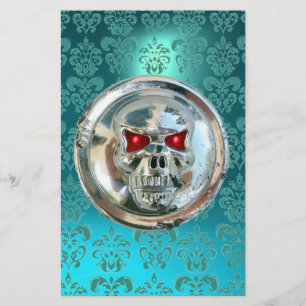 CHROME SKULL DAMASK Blue Turquase Aquamarine Brevpapper